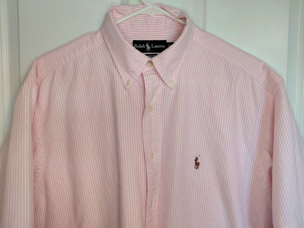 Polo Ralph Lauren Men's Classic Fit Pink Striped Short Sleeve Oxford Shirt Large